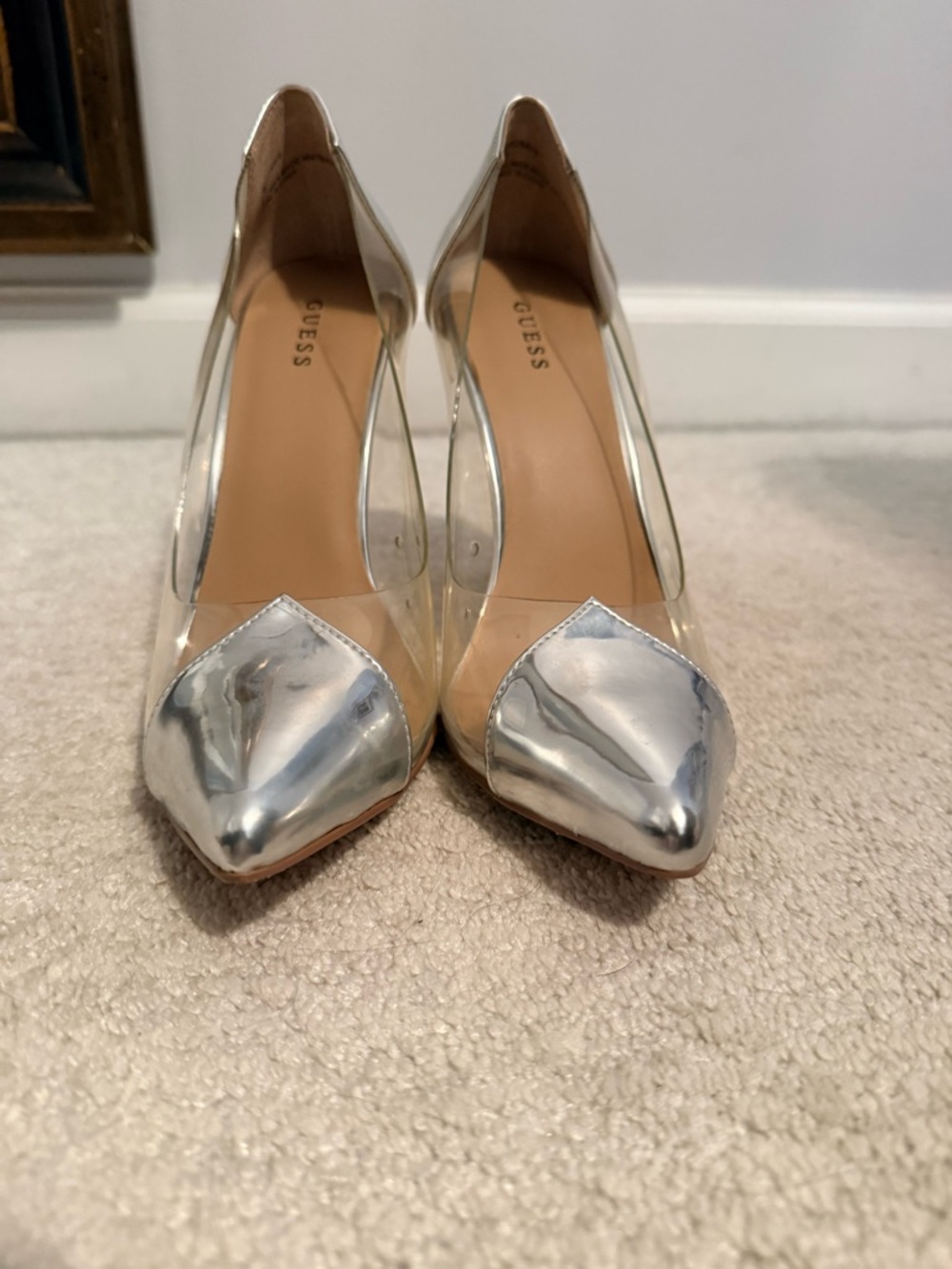 GUESS Silver Pointed Toe Clear-Sided Pumps